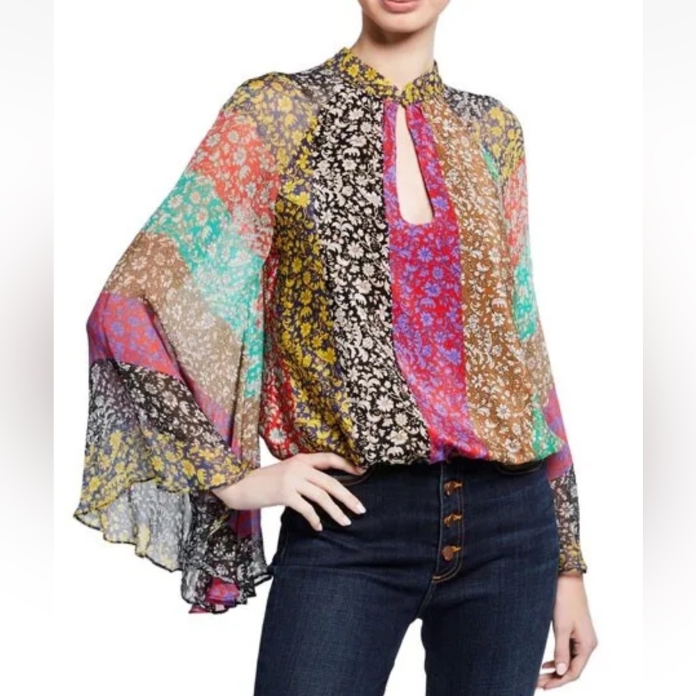 Alice + Olivia Multicolor 70s Long Sleeve Floral Boho Blouse Top - Picture 6 of 11